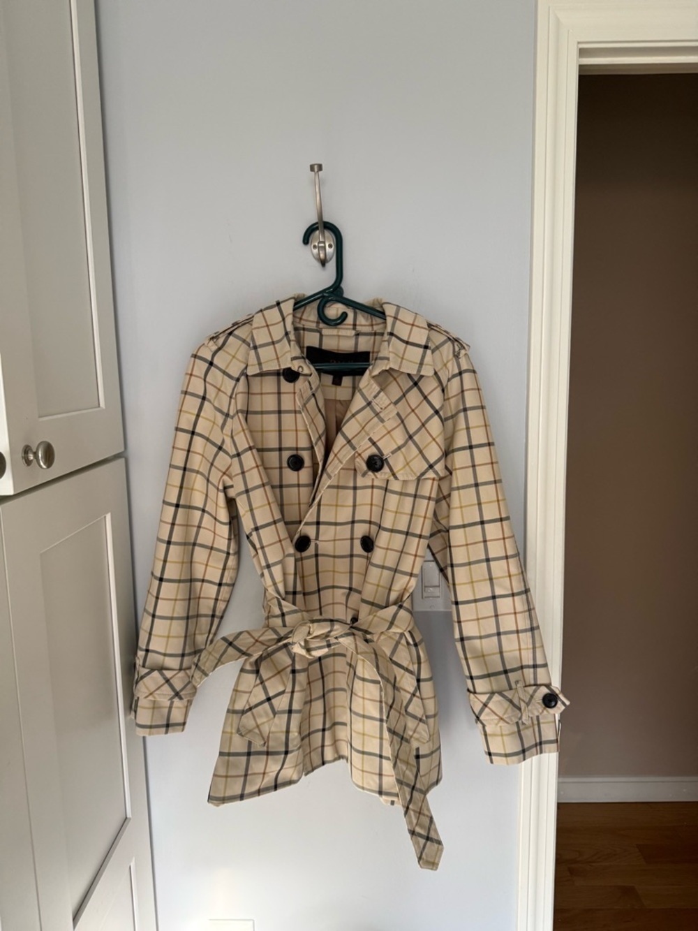 Coach F83728 Tattersall Plaid Belted Short Trench Coat